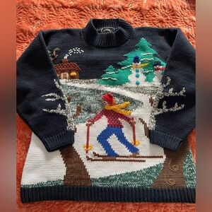 Navy Winter Scene vintage hand knit sweater
